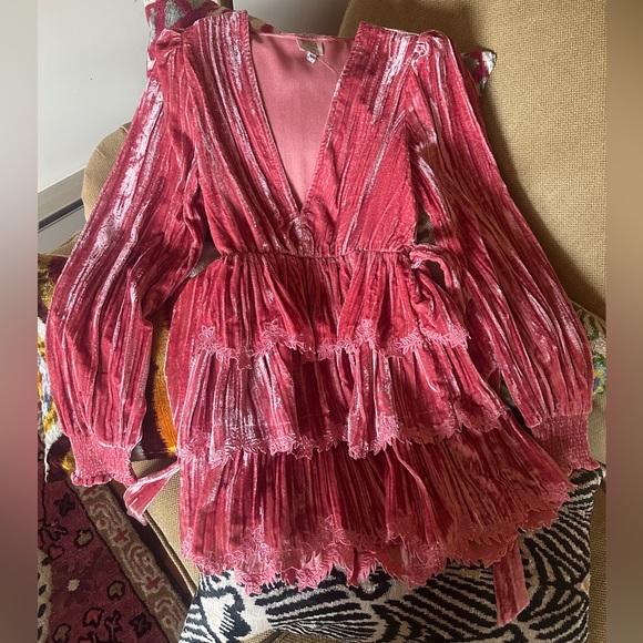 Hemant & Nandita Hot Pink Velvet Deep V Mini Dress with Embroidery Detail & Sash - Picture 2 of 6